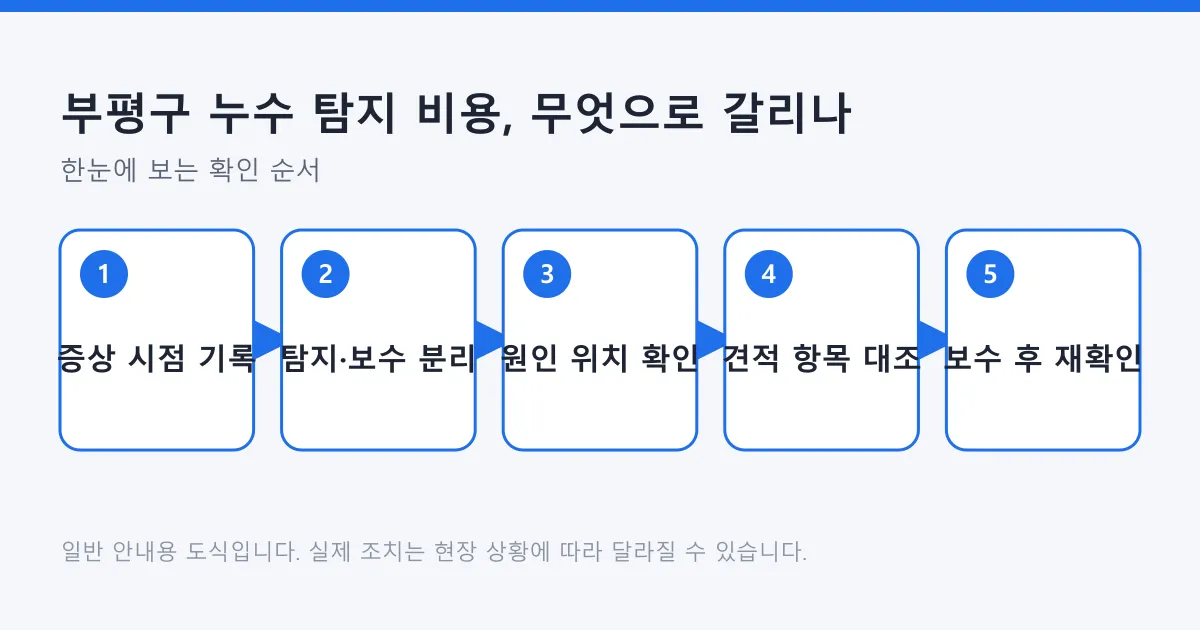누수 증상 기록부터 탐지와 보수 분리, 원인 위치 확인, 견적 대조, 보수 후 재확인까지의 다섯 단계 도식
