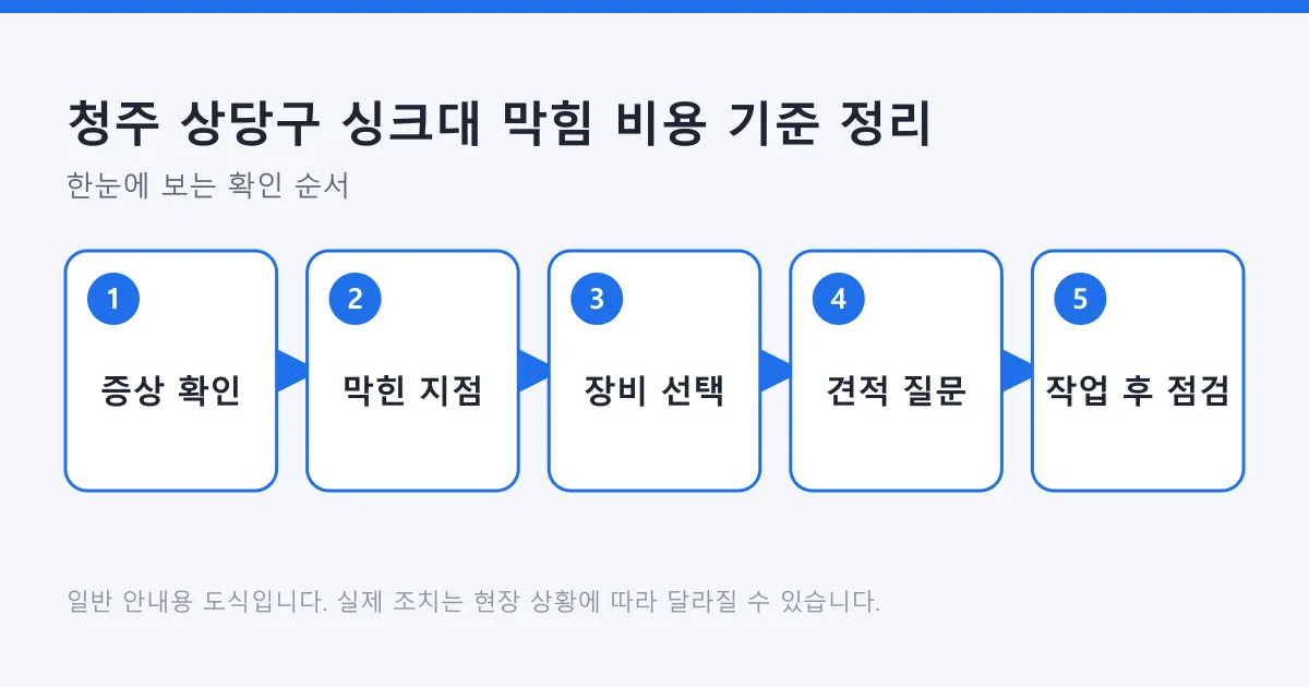 싱크대 막힘 비용이 결정되는 과정을 증상 확인부터 작업 후 점검까지 다섯 단계로 보여 주는 도식