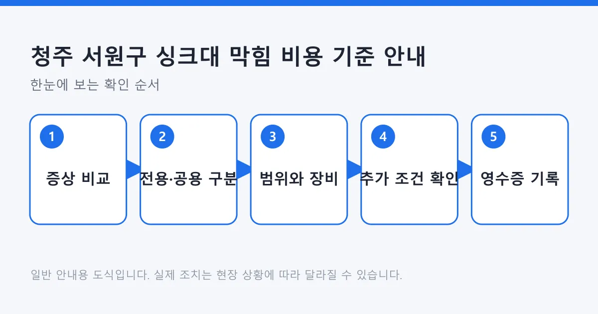 싱크대 막힘 견적을 판단하는 과정을 증상 비교부터 영수증 기록까지 다섯 단계로 정리한 도식