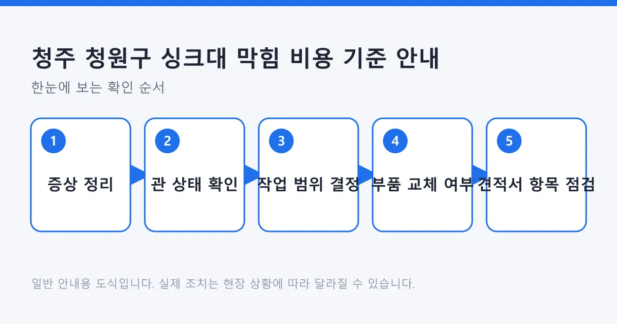 싱크대 막힘 증상 정리부터 관 상태 확인, 작업 범위 결정, 부품 교체 여부 판단, 견적서 항목 점검까지의 순서를 보여 주는 도식