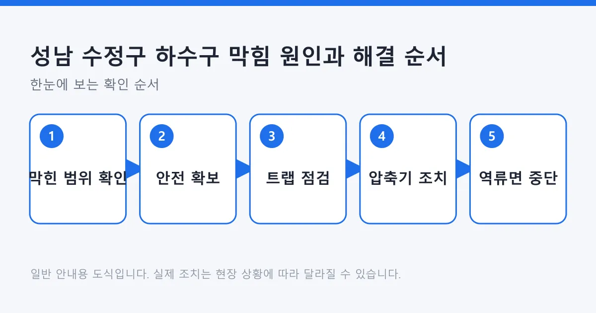 하수구 막힘을 범위 확인부터 역류 시 작업 중단까지 다섯 단계로 안내하는 도식
