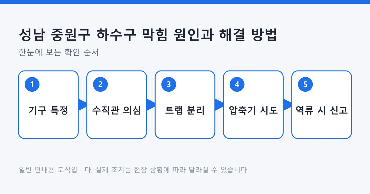 하수구 막힘을 기구 특정부터 역류 시 신고까지 다섯 단계로 안내하는 도식