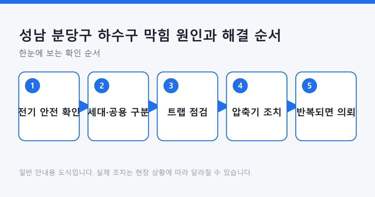하수구 막힘을 전기 안전 확인, 세대와 공용 구분, 트랩 점검, 압축기 조치, 반복 시 전문가 의뢰 순서로 처리하는 흐름 도식
