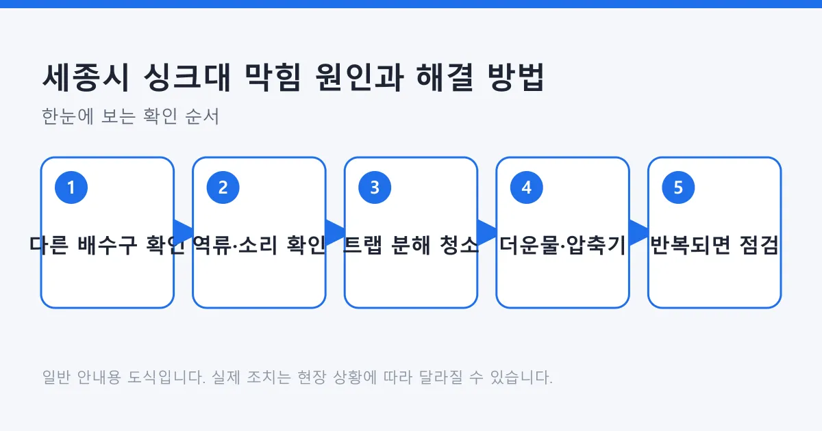 싱크대 막힘을 다른 배수구 확인부터 역류 확인, 트랩 청소, 더운물과 압축기, 반복 시 점검까지 다섯 단계로 정리한 도식