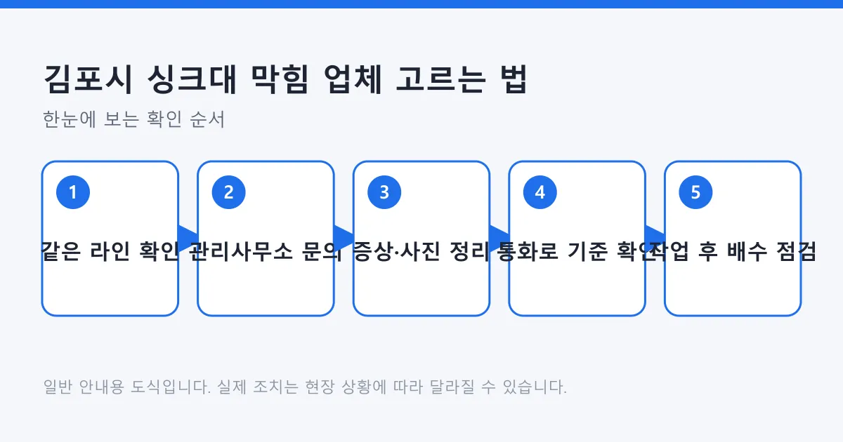 싱크대 막힘 업체를 고를 때 같은 라인 확인부터 작업 후 배수 점검까지 거치는 다섯 단계 도식