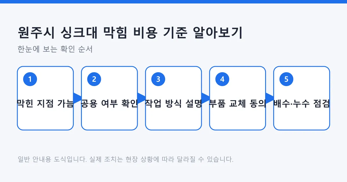 싱크대 막힘 비용이 정해지는 순서를 막힌 지점 확인부터 작업 후 점검까지 다섯 단계로 정리한 도식