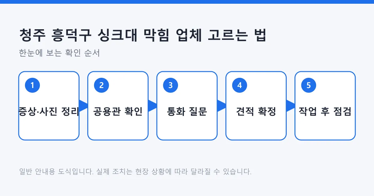 증상 정리에서 공용 배관 확인, 통화 질문, 견적 확정, 작업 후 점검으로 이어지는 싱크대 막힘 업체 선택 순서 도식