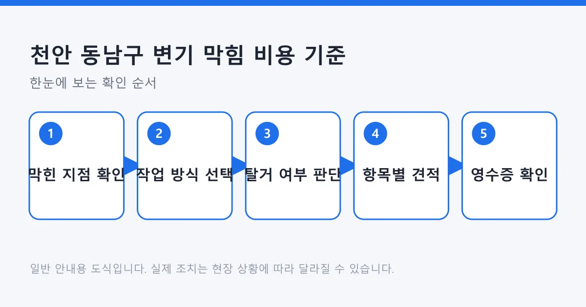 변기 막힘 비용을 가르는 막힌 지점 확인부터 영수증 항목 확인까지의 단계를 나타낸 도식