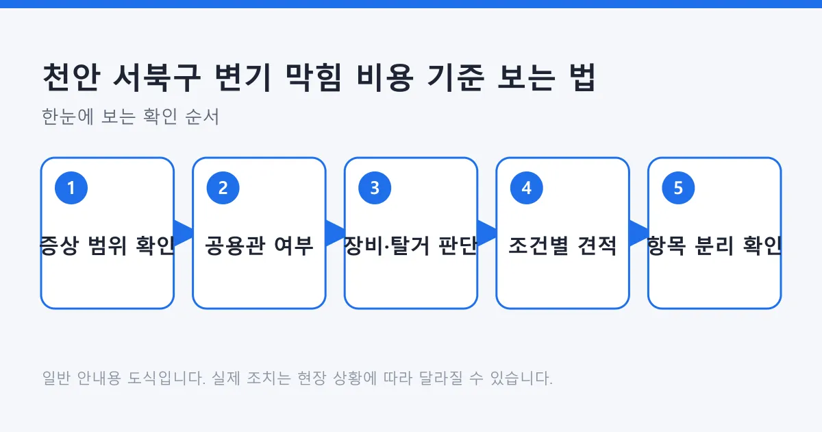 변기 막힘 견적을 비교할 때 증상 범위 확인부터 금액 항목 분리 확인까지의 순서를 나타낸 도식
