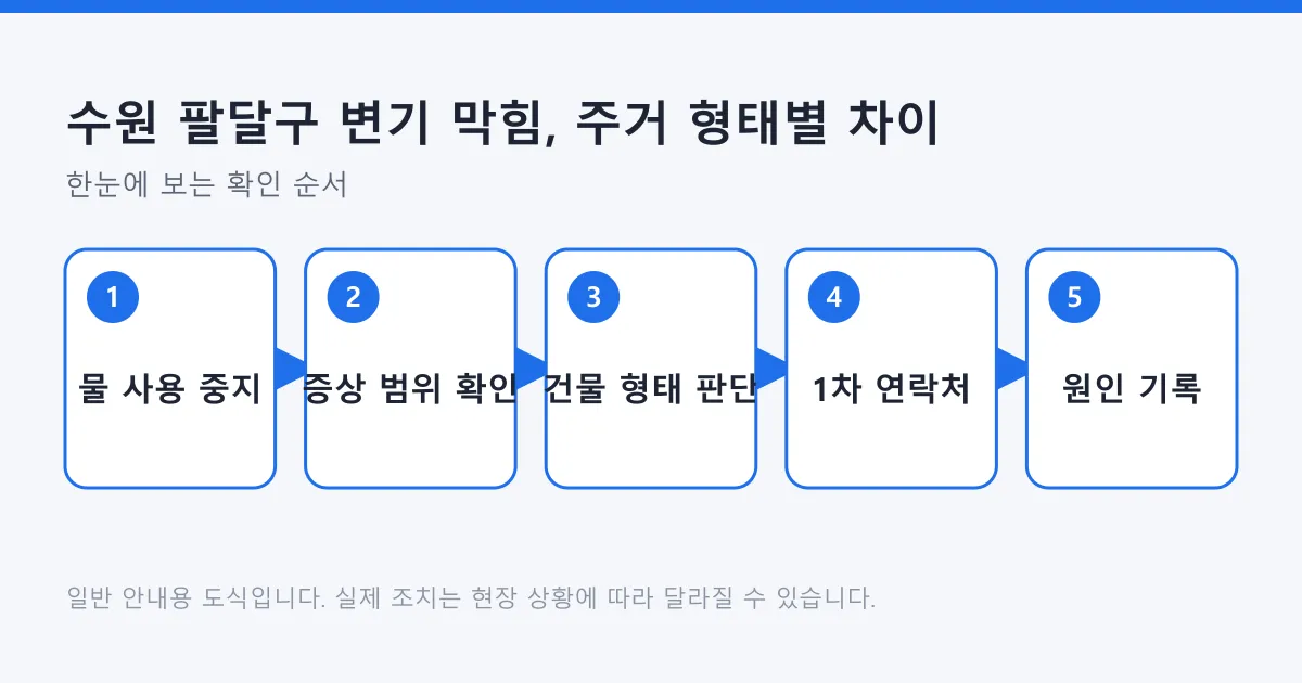 변기 막힘이 생겼을 때 물 사용을 멈추고 증상 범위와 건물 형태를 확인해 연락처를 정하고 원인을 기록하는 다섯 단계 도식
