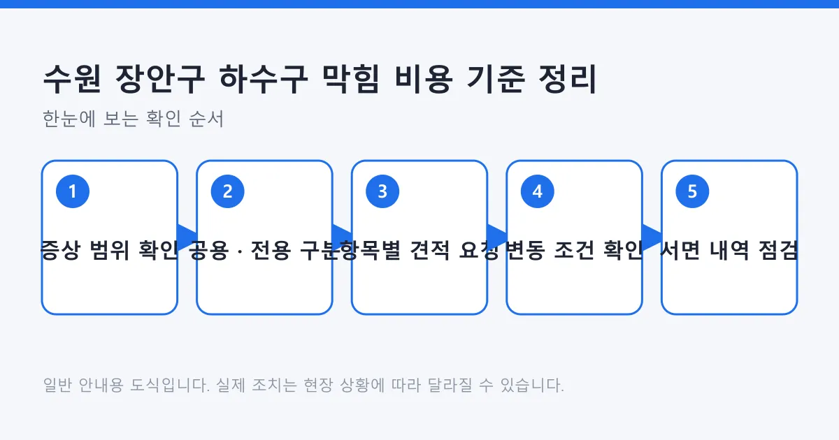 하수구 막힘 견적을 항목별로 확인하는 다섯 단계를 증상 범위 파악부터 서면 내역 점검까지 보여 주는 도식입니다.