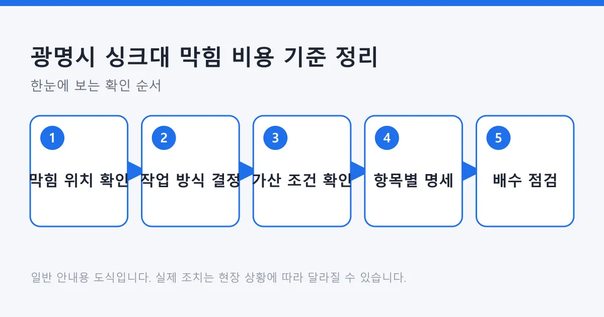 싱크대 막힘 비용이 막힘 위치와 작업 방식, 가산 조건, 항목별 명세, 배수 점검 순서로 결정되는 과정을 나타낸 도식