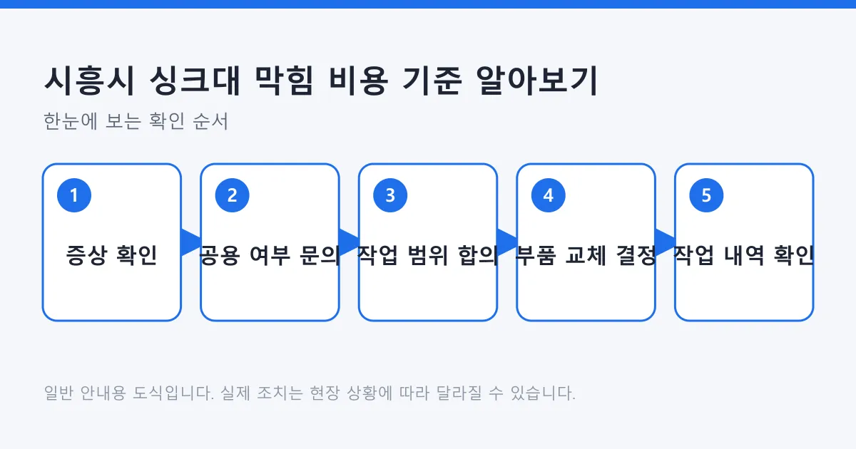 싱크대 막힘 비용을 판단하는 과정을 증상 확인부터 작업 내역 확인까지 다섯 단계로 정리한 도식