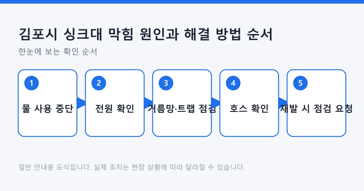 싱크대 막힘 대응 순서를 물 사용 중단부터 점검 요청까지 다섯 단계로 정리한 도식