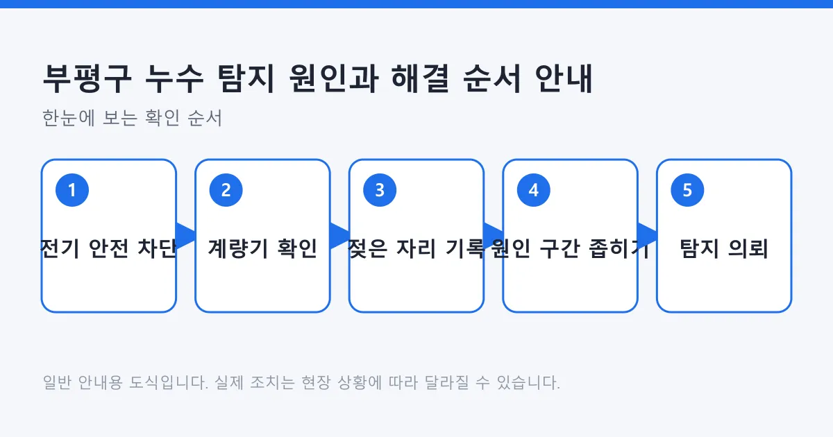누수 의심 상황에서 전기 차단과 계량기 확인, 젖은 자리 기록, 원인 구간 좁히기를 거쳐 탐지를 의뢰하는 다섯 단계 도식