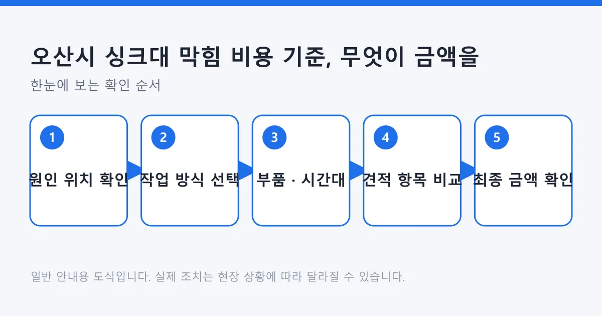 싱크대 막힘 비용이 원인 위치, 작업 방식, 부품과 시간대, 견적 비교, 최종 금액 확인 순서로 결정되는 과정을 나타낸 도식