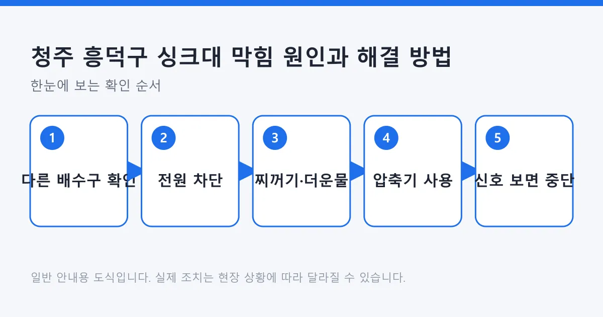 싱크대 막힘을 다른 배수구 확인, 전원 차단, 찌꺼기 제거와 더운물, 압축기 사용, 중단 신호 순서로 정리한 도식