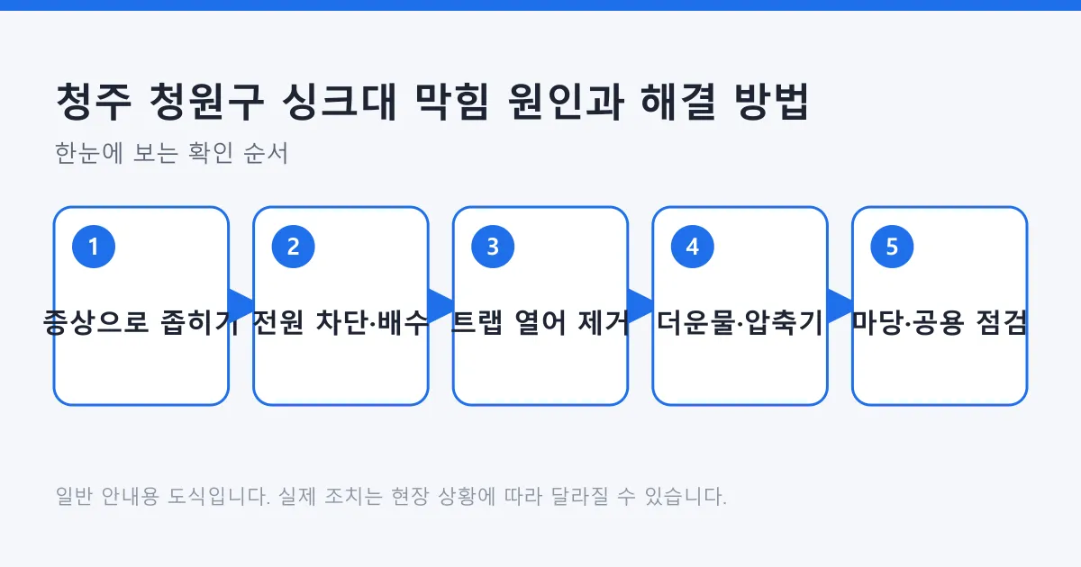 싱크대 막힘을 증상 구분부터 트랩 제거와 마당·공용 구간 점검까지 다섯 단계로 나타낸 도식