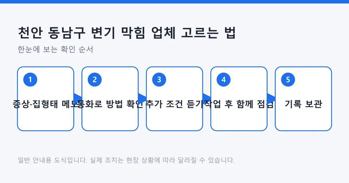 증상과 집 형태 메모부터 통화 확인, 추가 비용 조건 확인, 작업 후 점검, 기록 보관까지 다섯 단계를 나타낸 도식입니다.