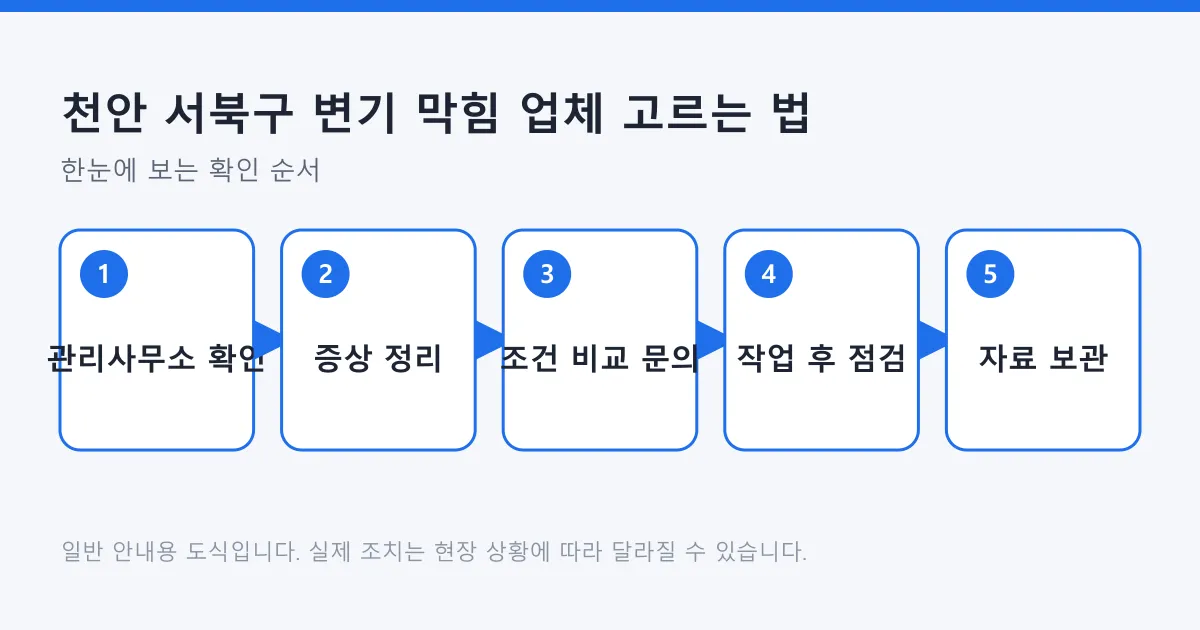 관리사무소 확인부터 증상 정리, 업체 조건 비교, 작업 후 점검, 자료 보관까지 다섯 단계를 나타낸 도식입니다.