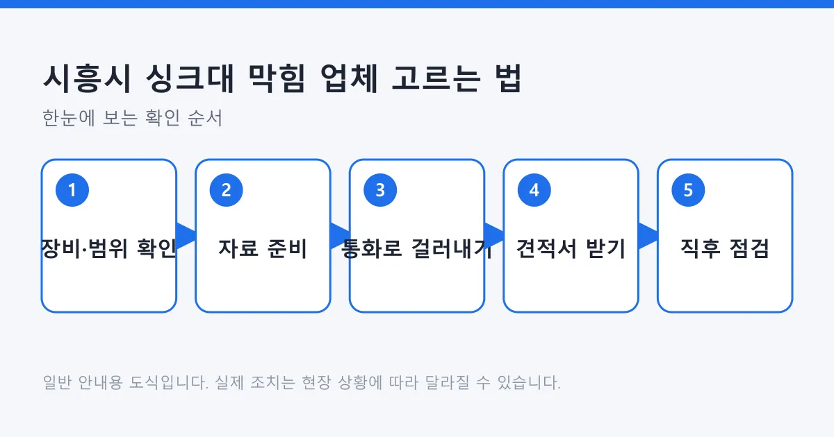 싱크대 막힘 업체 선택을 장비 확인부터 작업 직후 점검까지 다섯 단계로 나타낸 도식