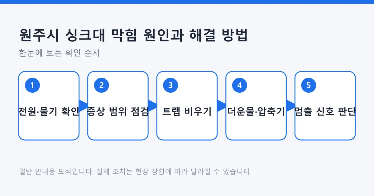 싱크대 막힘을 안전 확인부터 트랩 청소와 전문가 호출 판단까지 단계별로 보여 주는 도식