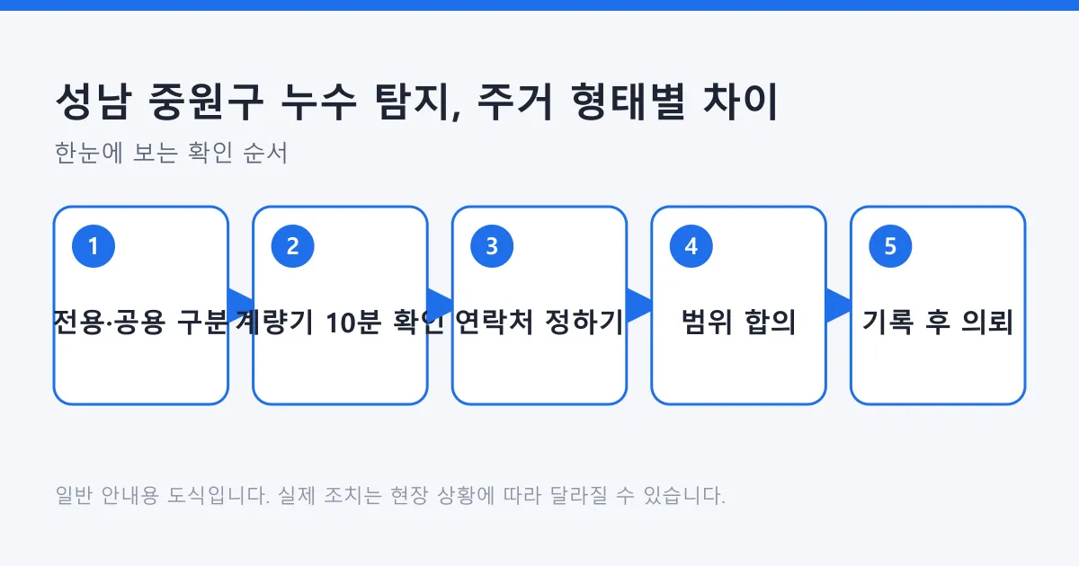 전용배관과 공용배관 구분부터 계량기 확인, 연락처 정하기, 탐지 범위 합의, 기록 후 의뢰까지 다섯 단계를 보여주는 도식.