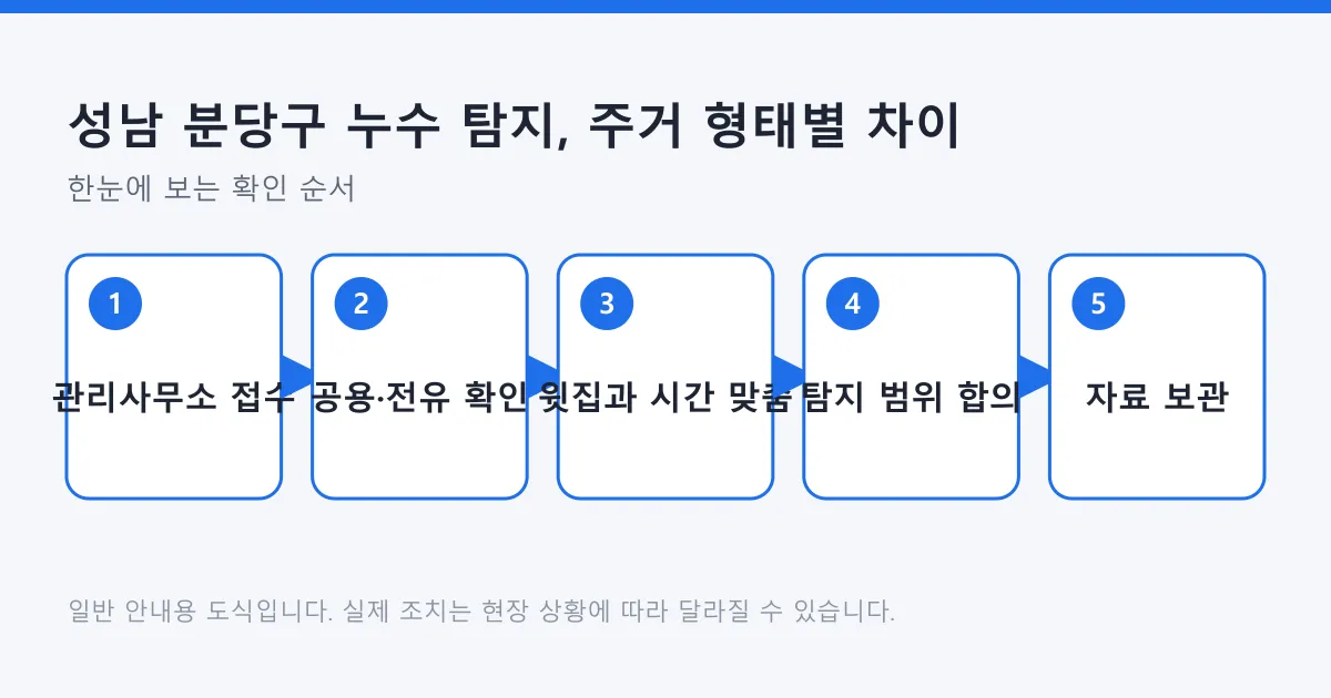 관리사무소 접수에서 공용부와 전유부 확인, 윗집과 시간대 맞추기, 탐지 범위 합의, 자료 보관까지 다섯 단계를 보여주는 도식.