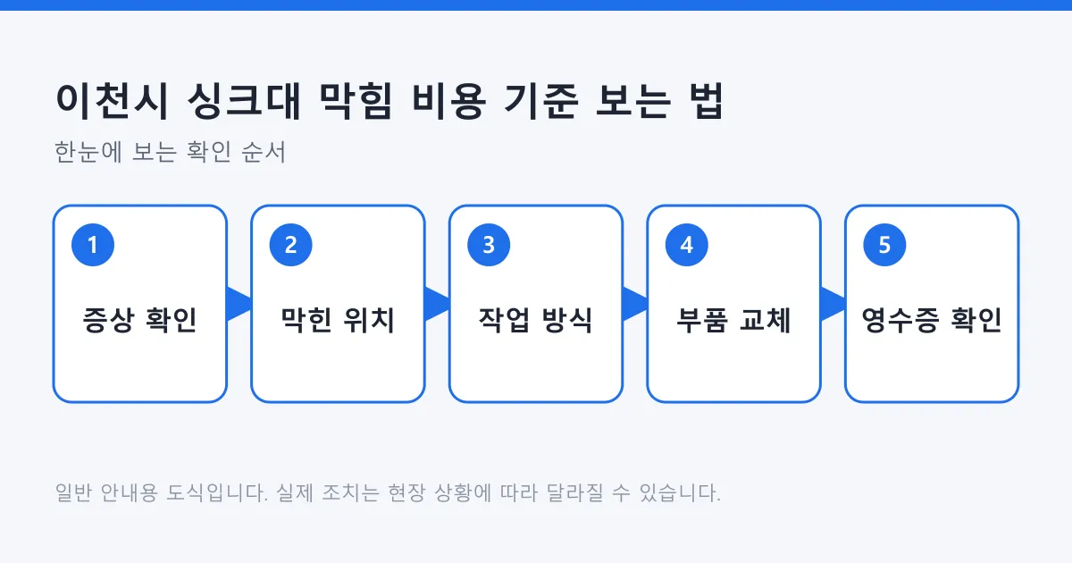 싱크대 막힘 증상 확인부터 막힌 위치와 작업 방식, 부품 교체, 영수증 확인까지의 다섯 단계를 보여 주는 도식