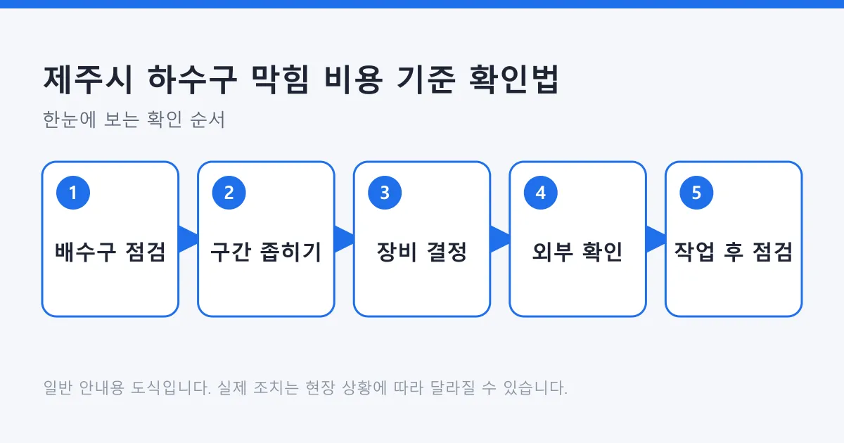 하수구 막힘 점검부터 구간 좁히기와 장비 결정, 외부 배관 확인, 작업 후 점검까지의 다섯 단계를 보여 주는 도식