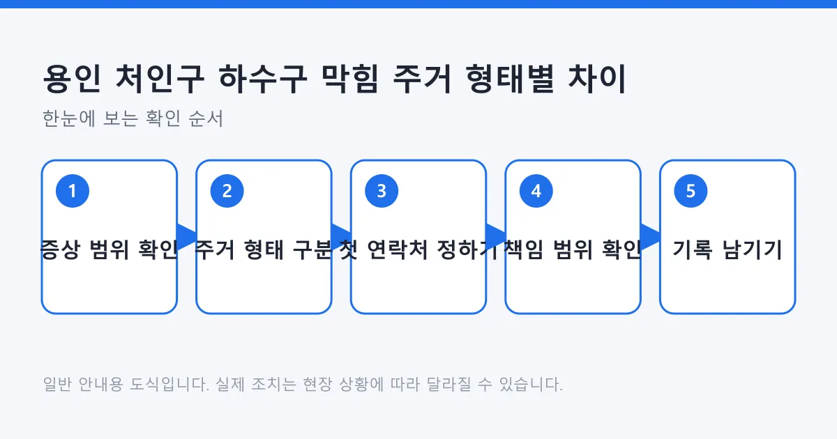 하수구 막힘을 증상 범위 확인부터 주거 형태 구분, 첫 연락처 정하기, 책임 범위 확인, 기록 남기기까지 순서로 정리한 도식