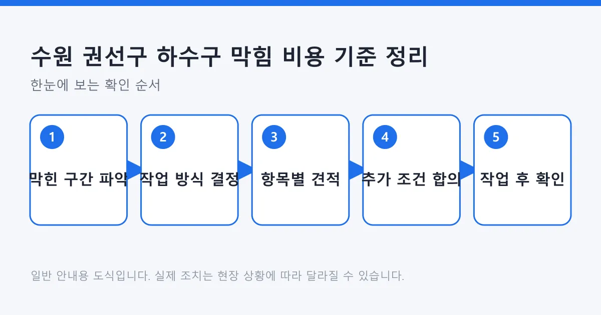 하수구 막힘 비용이 결정되는 과정을 구간 파악부터 작업 후 확인까지 다섯 단계로 보여 주는 도식