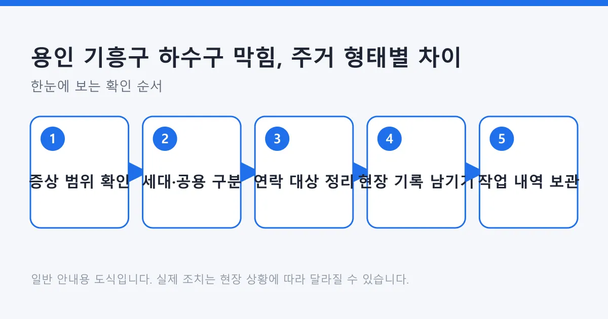 하수구 막힘 증상 범위를 확인해 세대와 공용 구간을 구분하고 연락 대상을 정한 뒤 기록과 작업 내역을 남기는 5단계 도식