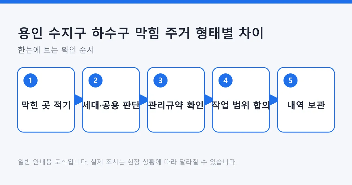하수구 막힘 범위를 적어 세대와 공용 구간을 판단하고 관리규약을 확인한 뒤 작업 범위를 합의하고 내역을 보관하는 순서 도식