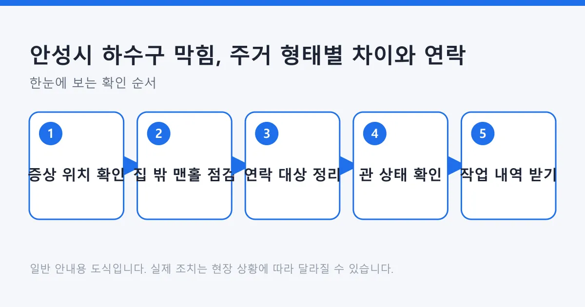 증상 위치를 확인하고 집 밖 맨홀을 점검한 뒤 연락 대상과 관 상태를 확인하고 작업 내역을 받는 5단계 도식