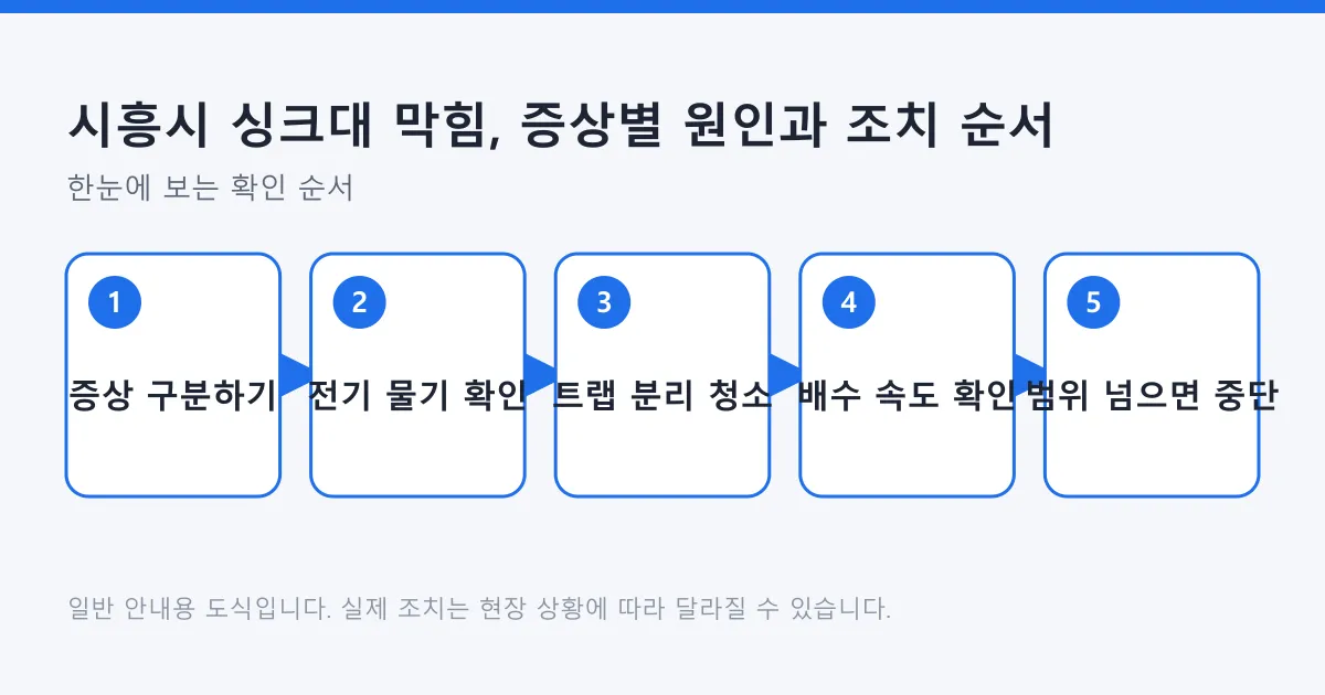 싱크대 막힘을 증상 구분과 전기 물기 확인, 트랩 청소, 배수 속도 확인을 거쳐 자가 조치 범위를 넘으면 중단하는 흐름으로 정리한 도식