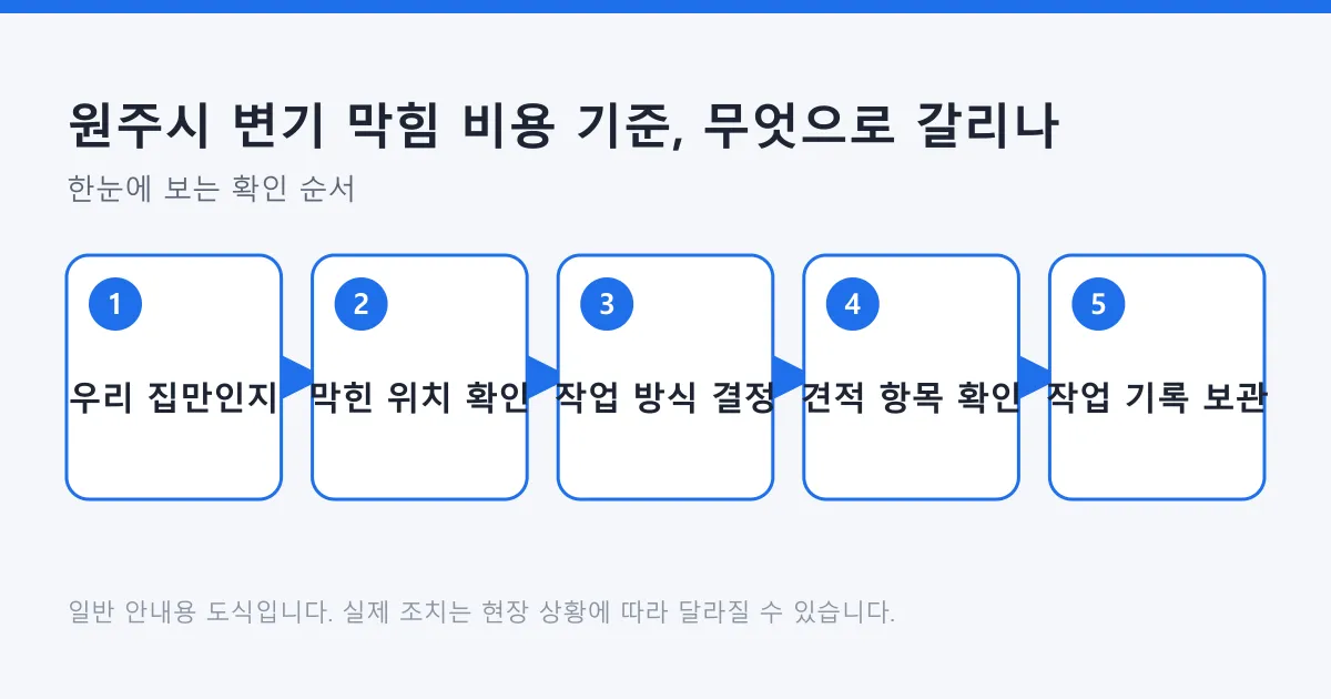 변기 막힘 수리 비용을 가늠할 때 우리 집만의 문제인지 확인하고 막힌 위치와 작업 방식을 정한 뒤 견적 항목과 작업 기록을 챙기는 다섯 단계 도식