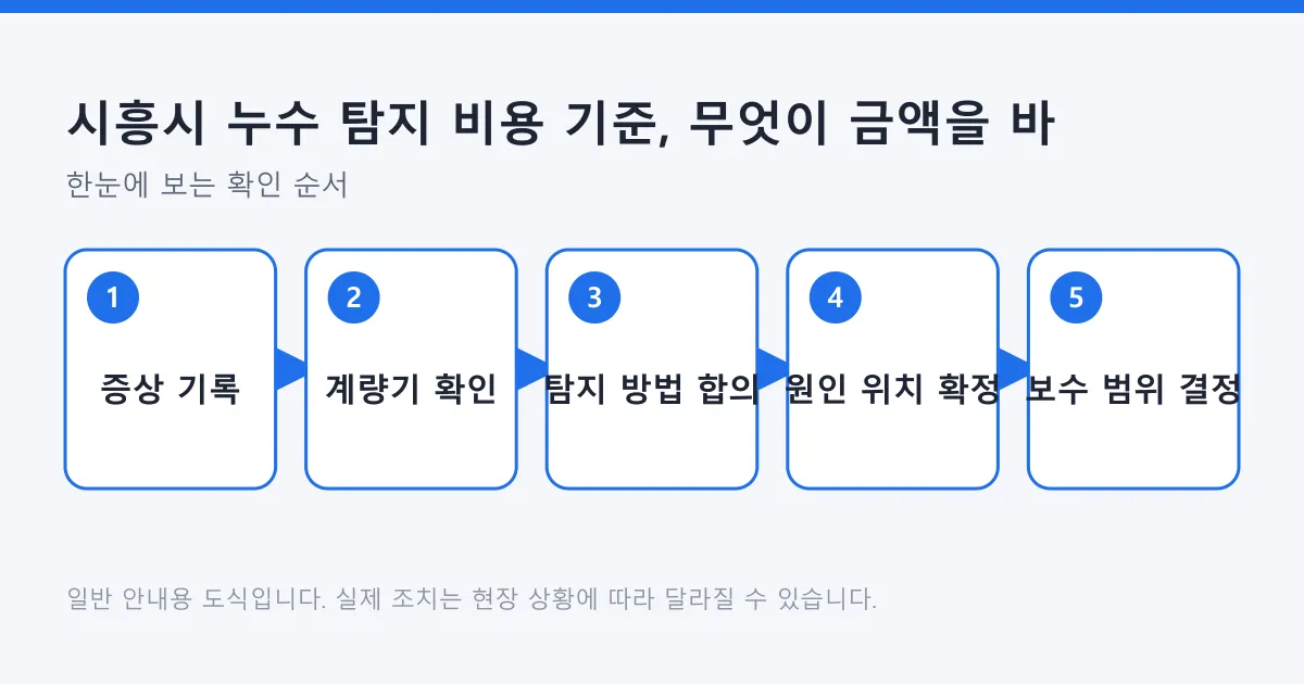 누수 증상 기록부터 계량기 확인, 탐지 방법 합의, 원인 위치 확정, 보수 범위 결정으로 이어지는 5단계 도식
