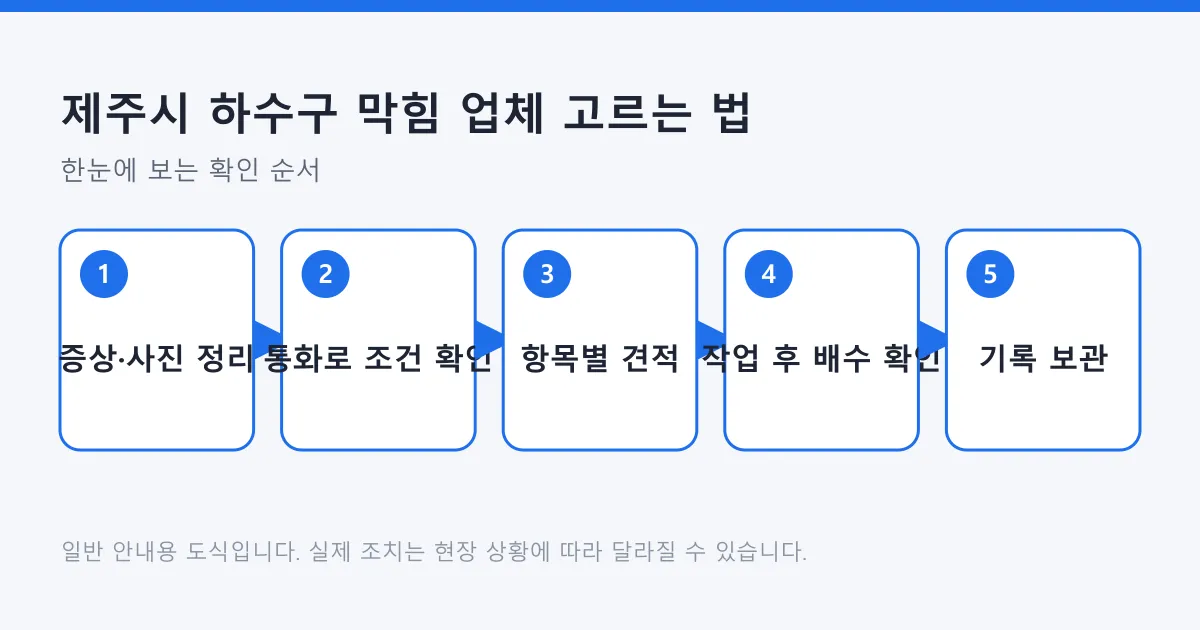 하수구 막힘 업체를 부를 때 증상 정리부터 기록 보관까지 다섯 단계를 순서대로 보여 주는 도식