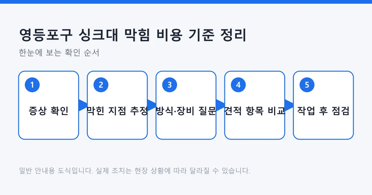 싱크대 막힘 비용을 증상 확인부터 작업 후 점검까지 다섯 단계로 비교하는 도식