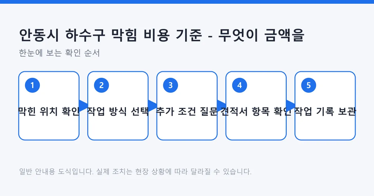 하수구 막힘 비용을 확인하는 다섯 단계를 막힌 위치 확인부터 작업 기록 보관까지 순서대로 보여 주는 도식.
