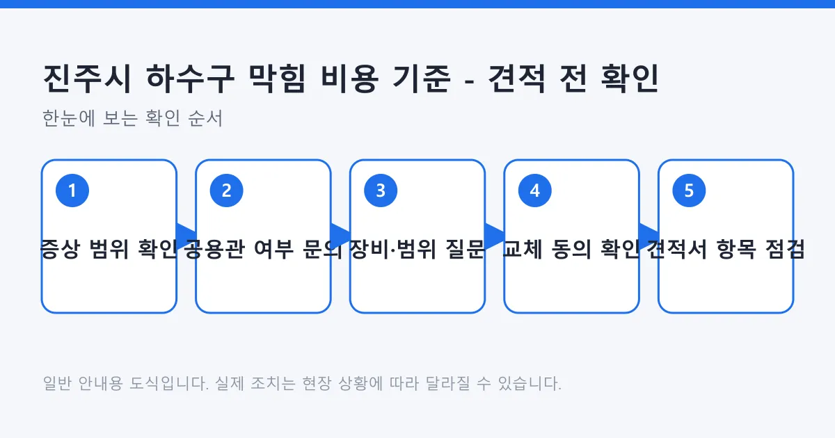 하수구 막힘 견적을 받기 전 증상 범위 확인부터 견적서 항목 점검까지 순서를 보여 주는 도식.