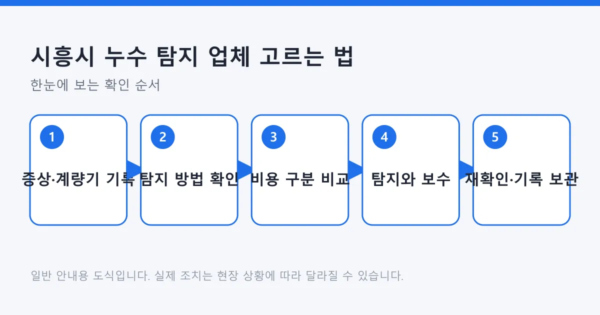 누수 탐지 업체 선택을 증상 기록, 탐지 방법 확인, 비용 구분 비교, 작업, 재확인 순서로 정리한 도식