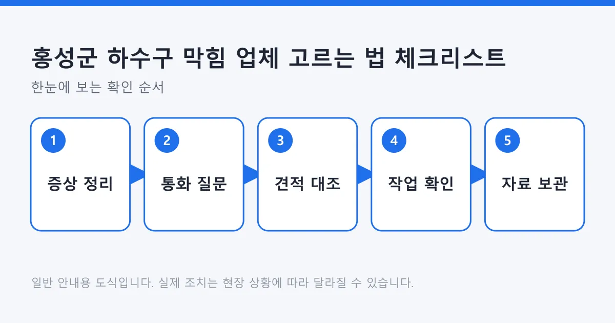 하수구 막힘 업체를 고를 때 증상 정리부터 통화 질문, 견적 대조, 작업 확인, 자료 보관까지 순서를 나타낸 도식