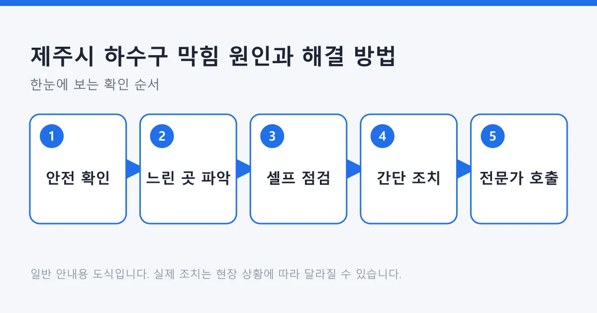 하수구 막힘을 안전 확인에서 시작해 셀프 점검과 간단한 조치를 거쳐 전문가 호출까지 판단하는 순서 도식