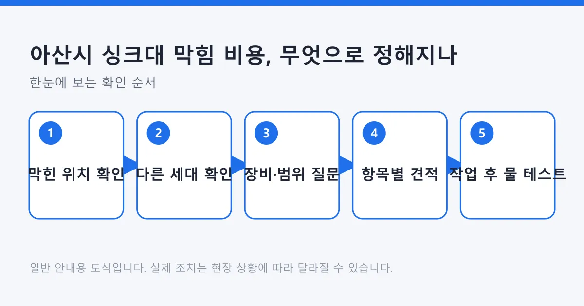 싱크대 막힘 비용을 판단하는 다섯 단계를 순서대로 보여 주는 도식.