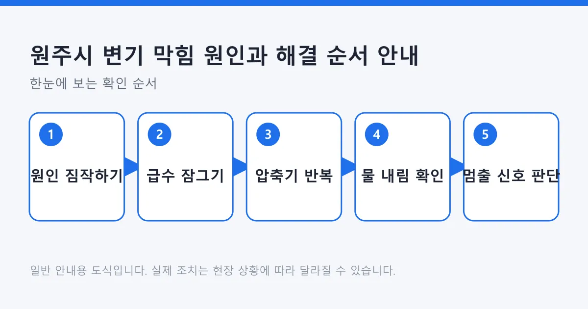 변기 막힘을 안전 확인부터 조치와 중단 판단까지 다섯 단계로 보여 주는 도식.