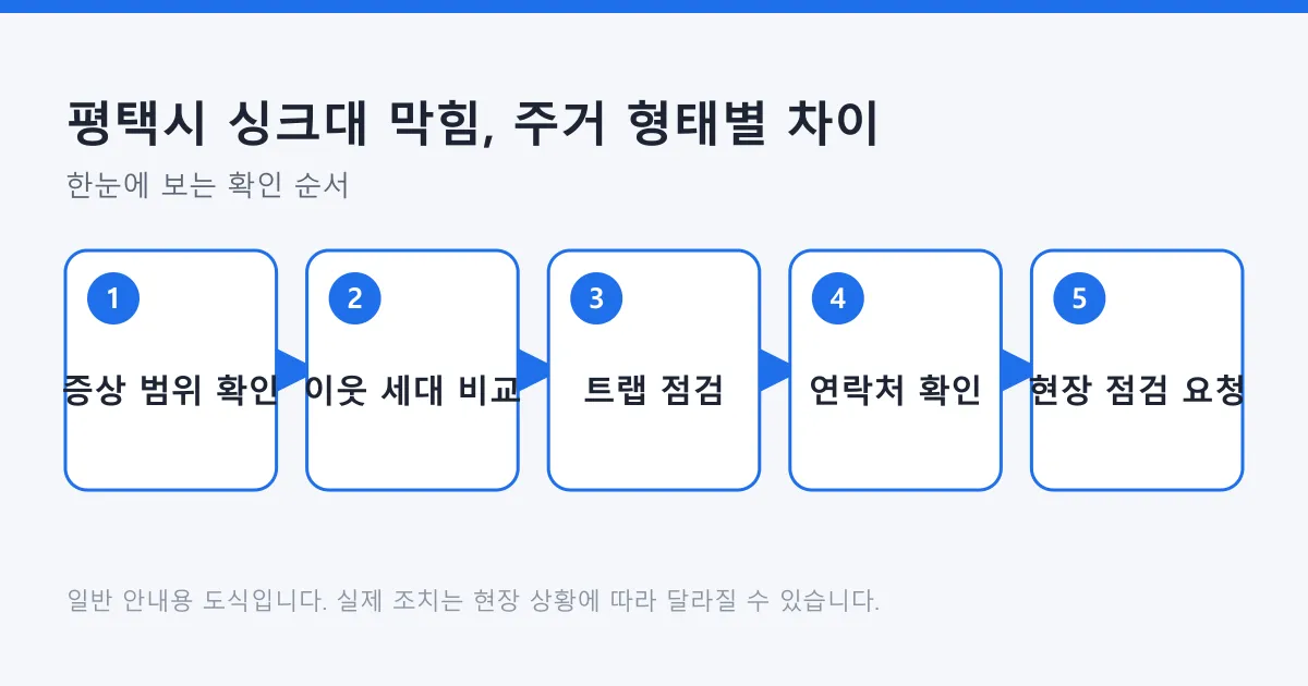 싱크대 막힘을 내 집 문제와 공용 배관 문제로 가려 나가는 다섯 단계 도식입니다.