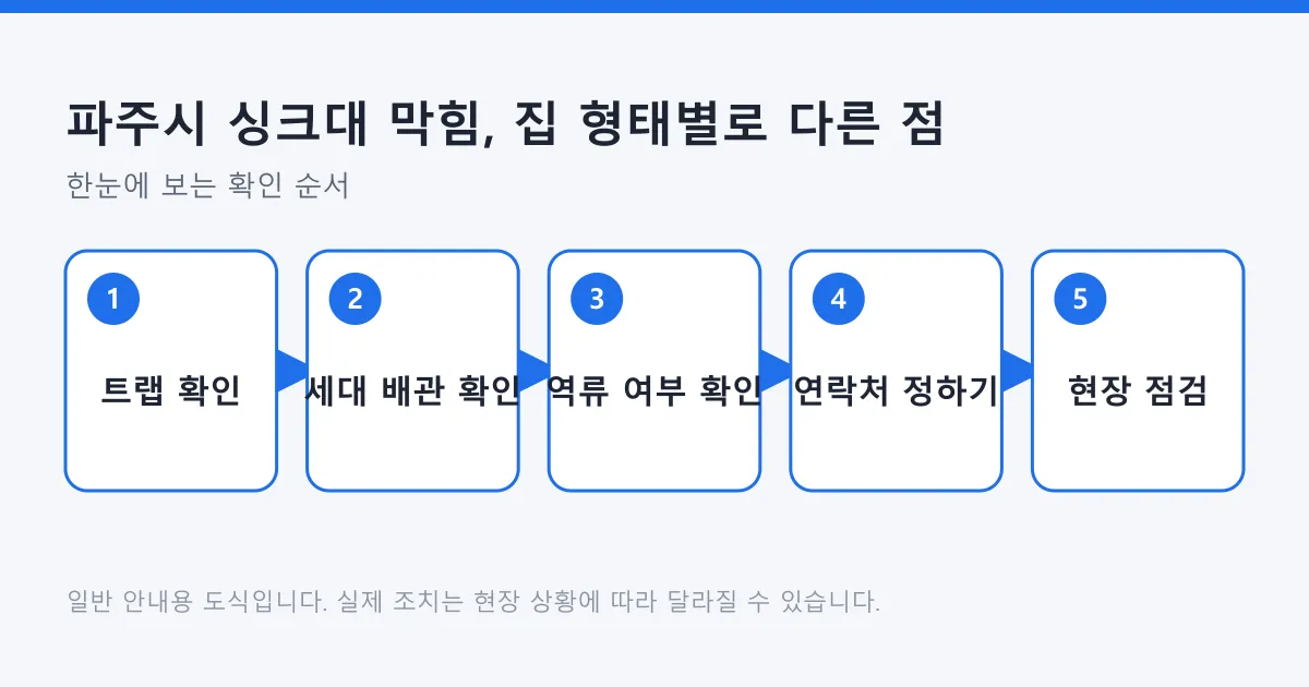 싱크대 막힘 확인 순서를 트랩, 세대 배관, 역류 여부, 연락처 정하기, 현장 점검 다섯 단계로 정리한 도식.