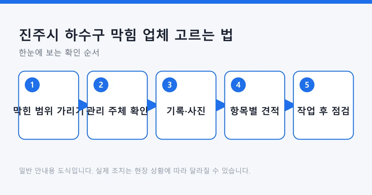 막힌 범위 구분부터 관리 주체 확인, 기록, 항목별 견적, 작업 후 점검까지 하수구 막힘 대응 순서를 정리한 도식